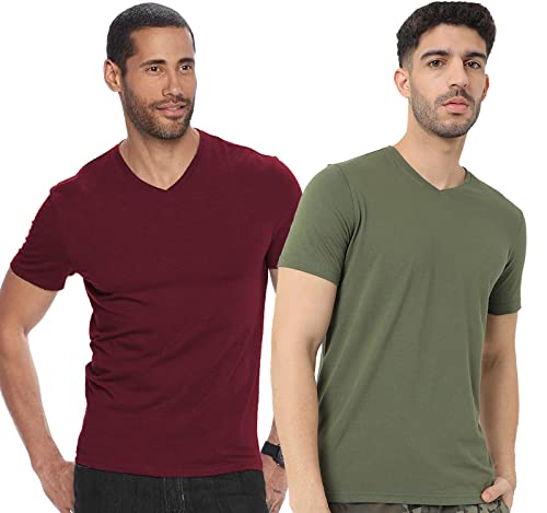 ADRO Men's V Neck Combo Plain Cotton T-Shirts_VCM2-PLN-MR-OL-XL