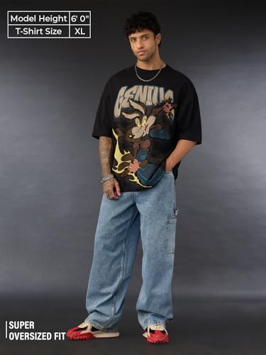 The Souled Store Looney Tunes: Skating Coyote Men and Boys Short Sleeves Round Neck Graphic Printed Distressed Oversized T-Shirt