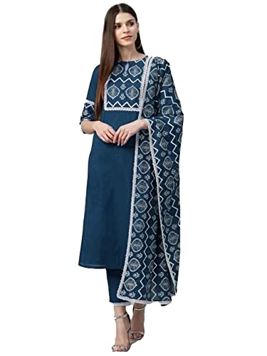Anni Designer WomenS Cotton Straight Kurt & Pant With Dupatta (Kptd-Cot-10041-Blue_L_Dark Blue_Large)