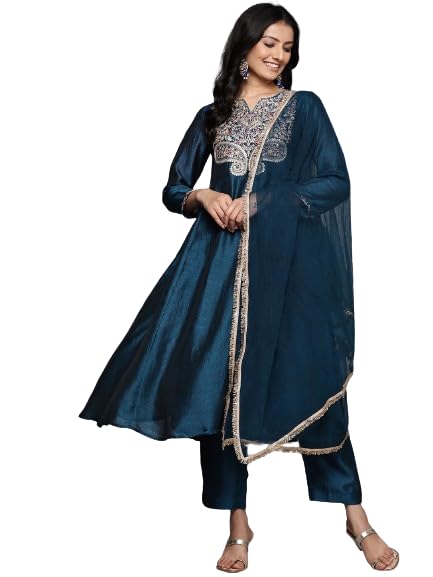 Varanga Women Blue Zari and Thread Embroidered A-Line Kurta with Bottom and Dupatta