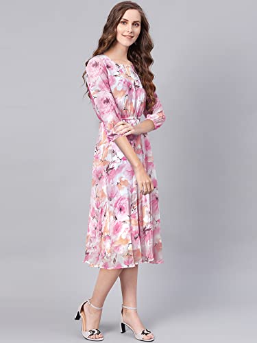 Toochki WomenS Pink Georgette Floral Fit & Flared Western Dress | Dress For Women | A Line Dress | Winter Dress | Western Dress