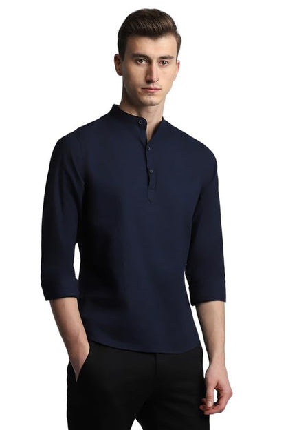 Dennis Lingo MenS Solid Slim Fit Mandarin Collar Full Sleeves Shirt Navy
