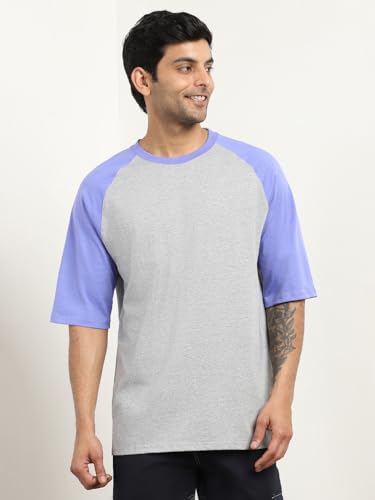 Nobero MenS Colorblock Oversized Fit T-Shirt (1M-Twts-R0103-Bl_Grey Melange