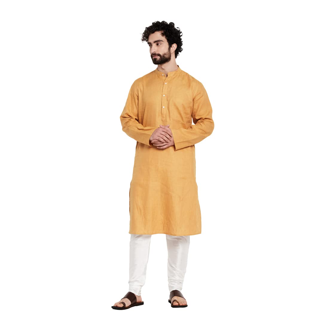 Fabindia Mens Linen Slim Fit Kurta_Yellow_S