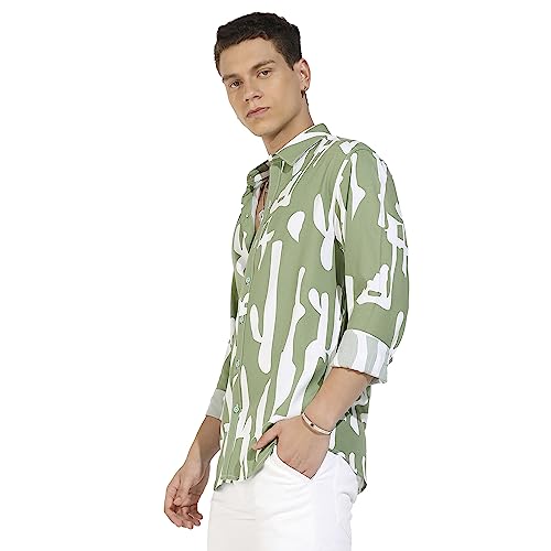 Campus Sutra Mens Sage Green Abstract Print Shirt for Casual Wear | Spread Collar | Long Sleeve | Button Closure | Heavy Rayon