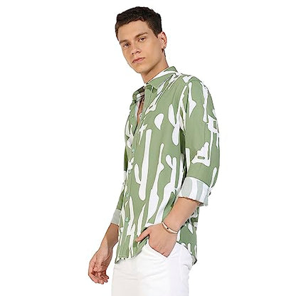 Campus Sutra Mens Sage Green Abstract Print Shirt for Casual Wear | Spread Collar | Long Sleeve | Button Closure | Heavy Rayon