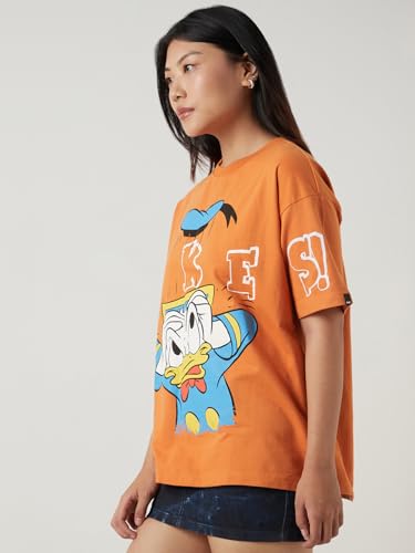Bewakoof Heavy Duty 1.0 Official Disney Merchandise Donald Duck Women Graphic Print Oversized Fit Half Sleeve Round Neck Teryy T