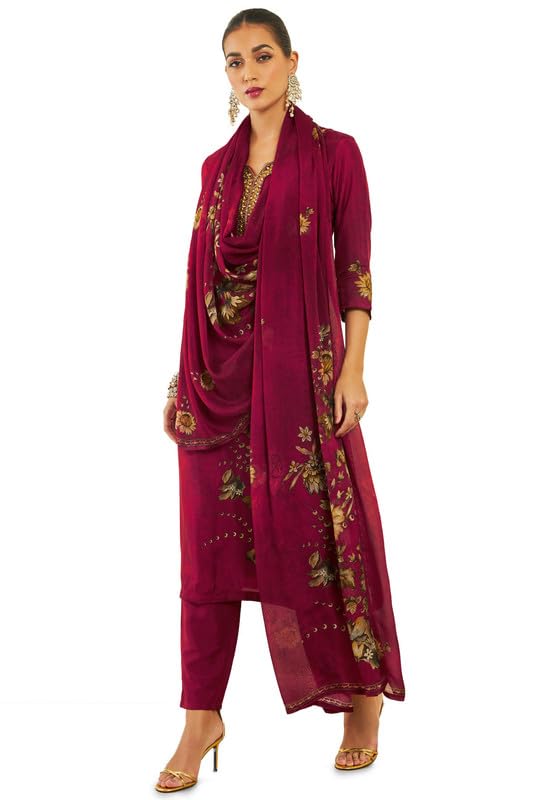 Soch Womens Maroon Silk Blend Suit Set with Floral Print and Hand Embroidery