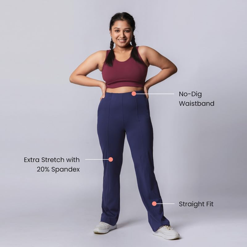 BlissClub Women The Ultimate High Rise Straight Pants|Trousers for Women|Straight Fit|Pintuck Design|Polyester,Blue