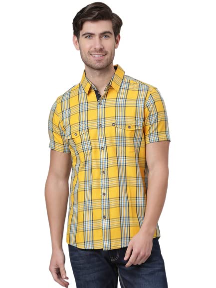 Thomas Scott Mens Checkered Slim Fit 100% Cotton Casual Shirt with Half Sleeve