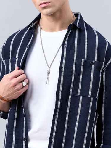 Style Quotient Men Navy Stripe Textured Solid Shirt