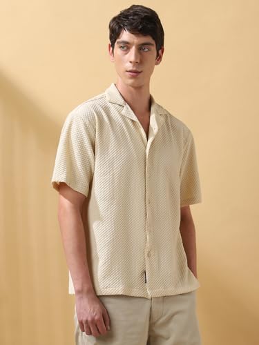 Dennis Lingo Men Textured Polyester Cuban Collar Half Sleeves Relaxed Fit Shirt Beige