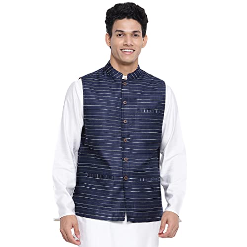 Fabindia Men Viscose Blend Striped Nehru Jacket Navy_M