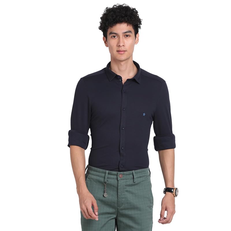Turtle Men Knitted Navy Blue Printed Slim Fit Full Sleeve Casual Shirt