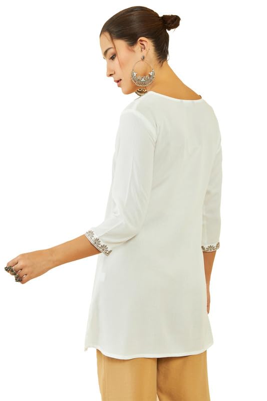 Soch Womens Off White Rayon Paisley Embroidered A-Line Tunic with Vented Hemline