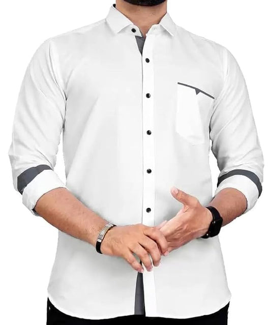 Tee Projekt Mens Regular Fit Solid Soft Touch Cotton Casual Shirt with Pocket Design with Spread Collar & Full Sleeves. White