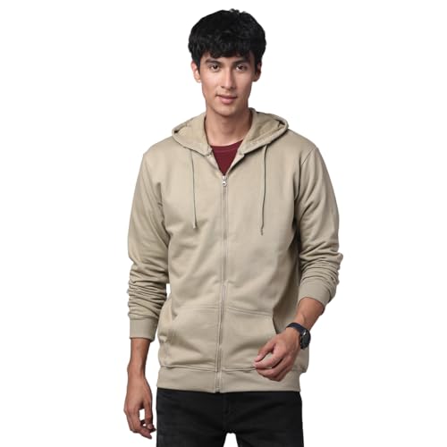 ADRO Mens Cotton Solid Zipper Hoodie Sweatshirts (ZH23-PLN-BE_Beige_XL)