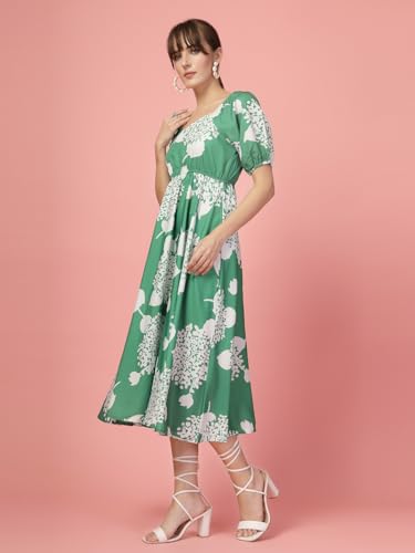 OOMPH! Womens Western & Fusion wear Printed Crepe Dress for Women, Puffed Sleeve, Green - md1039