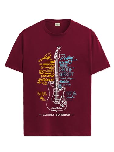ADRO Guitar Design Printed T-Shirt for Men - 100% Cotton, Regular Fit, Soft Breathable Fabric | RN23-M-GTR-MR-XL Maroon