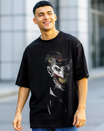 Bewakoof Official DC Comics Merchandise X Mens Why So Serious Man Graphic Print 100% Cotton T-Shirt - Oversized Fit, Round Neck
