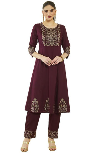 Soch Womens Wine Rayon Floral Embroidered Round-Neck Kali Kurta Sets