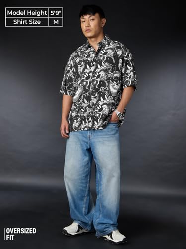 The Souled Store Looney Tunes: Sylvester Men and Boys Short Sleeves Collared Neck Black All Over Printed Viscose Lightweight Cas