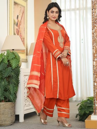 Greciilooks Elegant Orange Chanderi Silk Straight Suit Set For Women With Embroidered Kurta, Pants & Dupatta, Festive & Ethnic W