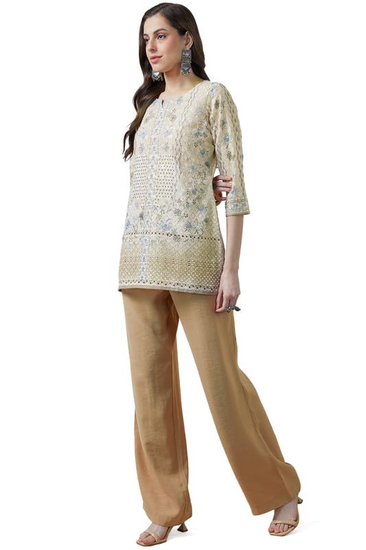 Soch Womens Cream Cotton Blend Notch Neck Schiffli Tunic