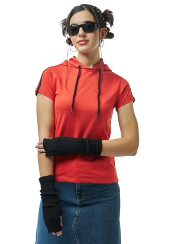 Bewakoof Womens Solid Regular Fit Half Sleeve Hooded Cotton T-Shirt_490895_Red_2XL