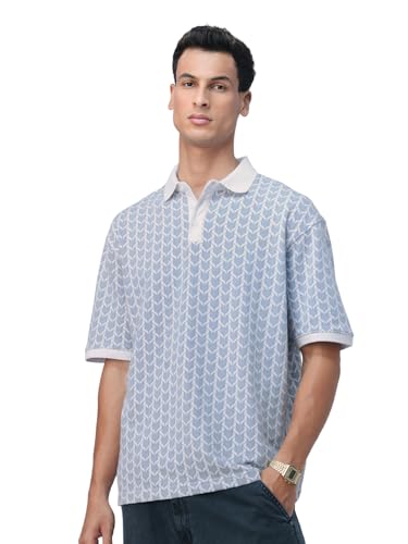 The Souled Store Oversized Polos: Dusk Men and Boys Short Sleeves Collared Neck Geometric Pattern Breathable Comfortable All-Sea