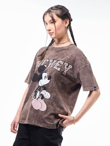 Bewakoof Official Disney Merchandise Mickey Womens Graphic Print Oversized Fit Half Sleeve Round Neck Cotton T-Shirt_627764_Bro