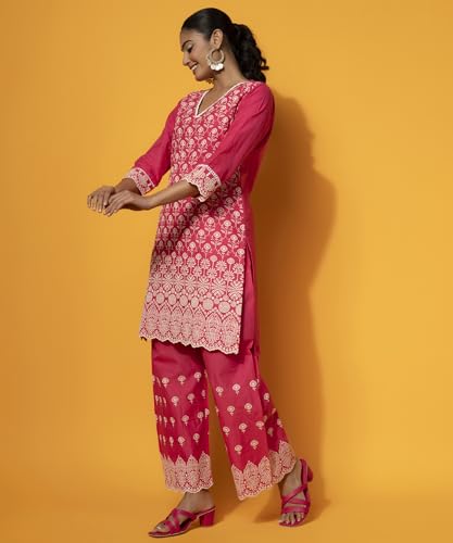 Libas WomenS Cotton Embroidered Co-Ords (27373_Pink