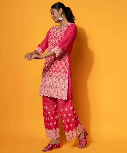 Libas WomenS Cotton Embroidered Co-Ords (27373_Pink