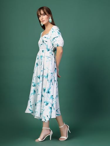 OOMPH! Womens Western & Fusion wear Printed Crepe Dress for Women, Puffed Sleeve, Blue - md1042