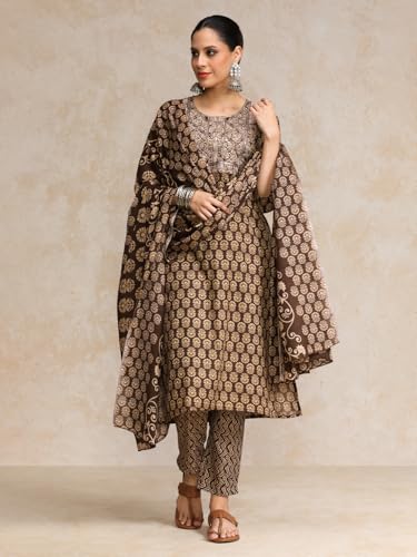 Varanga Brown Ethnic Jaipuri Printed Thread Embroidered Kurta With Trouser & Dupatta