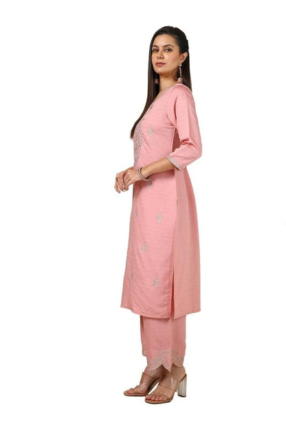 Soch Womens Peach Muslin Blend Woven Design Kurta Set With Thread Work
