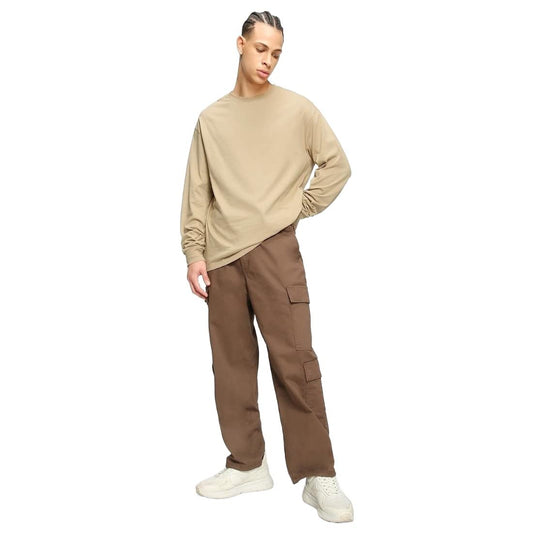 Bewakoof Mens Solid 100% Cotton T-Shirt- Loose Fit, Round Neck, Full Sleeves Brown
