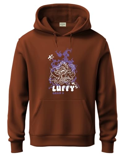 ADRO Men's Cotton Neck Hooded Sweatshirt (H24-LUFFY-BR_Downtown Brown