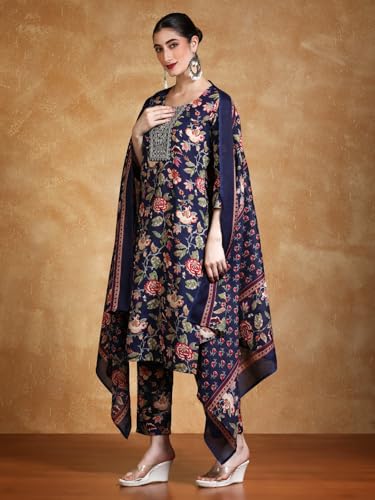 Varanga Floral Printed Thread Work Straight Kurta With Trousers & Dupatta