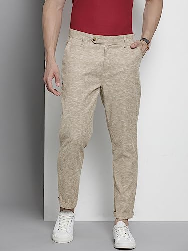 The Indian Garage Co Men Slim Fit Solid Mid-Rise Trousers Beige