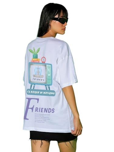 Bewakoof Official Friends Merchandise Womens Graphic Printed Oversized Fit Half Sleeve Round Neck Cotton Jersey T-Shirt_ 625658