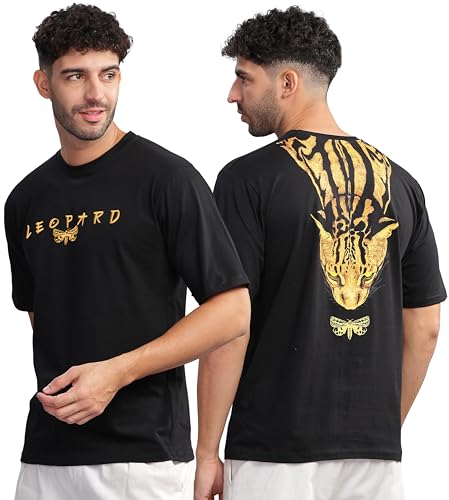KYDA Mens 100% Pure Cotton Relaxed Fit Drop Shoulder Premium Front & Back Printed Black Oversized T-Shirt for Summer