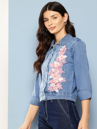 Aarika Womens Blue Colour Embellished Denim Jacket (S-L)