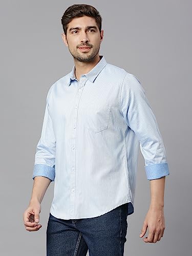Thomas Scott Mens Striped Slim Fit 100% Cotton Casual Shirt with Spread Collar and Long Sleeve