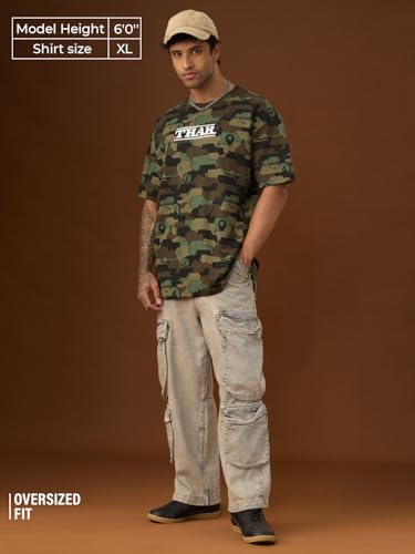 The Souled Store Thar: Off-Road Men and Boys Short Sleeves Round Neck Graphic Printed Camouflage Oversized T-Shirt