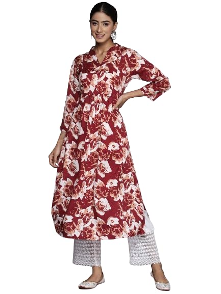 Varanga Maroon Floral Printed Mandarin Collar With Slit, Three Quarter Sleeves A-Line Kurta With Side Slits
