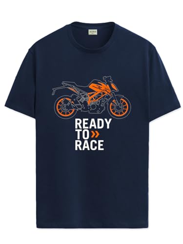 ADRO Men's Biker Design Printed 100% Cotton T-Shirt - Regular Fit, Printed T-Shirts for Men (RN24-KTM-NB_Navy_XL)