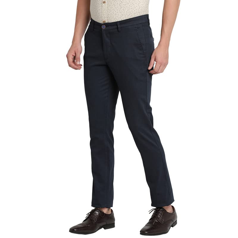 Turtle Men Navy Blue Narrow Fit Self Design Casual Trousers