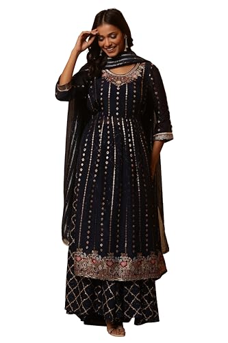 Aurelia Women Blue Floral Print Viscose Kurta Set with Palazzos & Dupatta