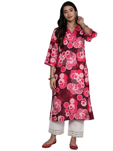 Varanga WomenRed Floral Printed Sequine Embroidered V-Neck Straight Kurta